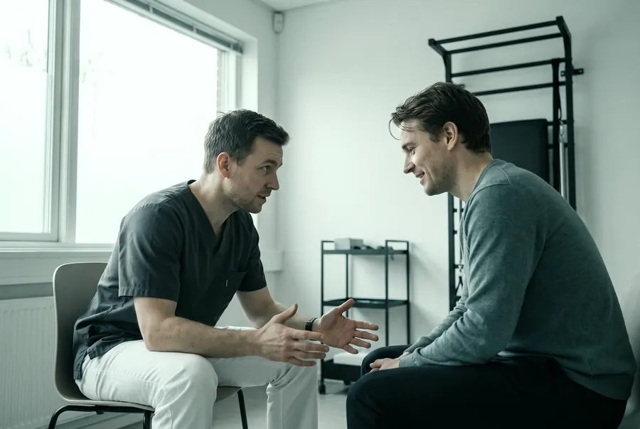 Physiotherapeut im Gespr&auml;ch mit einem Patienten